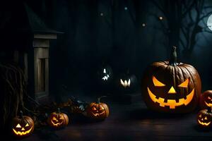 halloween pumpkins in the dark with a full moon. AI-Generated photo