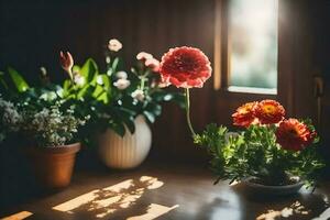 rojo flores en un florero en un mesa. generado por ai foto