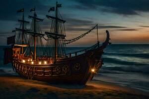 a pirate ship on the beach at night. AI-Generated photo