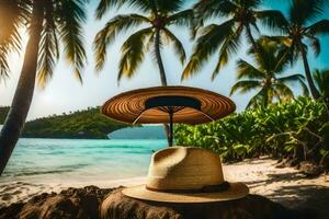 un sombrero y Paja sombrero en un playa con palma arboles generado por ai foto