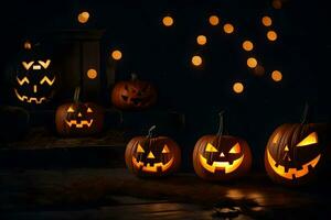 Víspera de Todos los Santos calabazas en el oscuro con luces. generado por ai foto