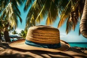 a hat sits on the sand near the ocean. AI-Generated photo