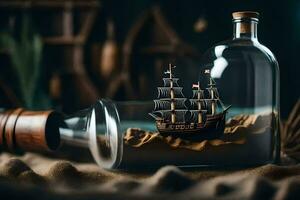 a bottle with a ship inside of it on a table. AI-Generated photo