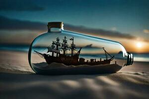 ship in a bottle on the beach. AI-Generated photo