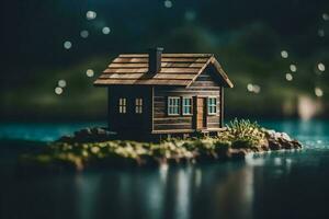 a small wooden house on a small island in the middle of the lake. AI-Generated photo