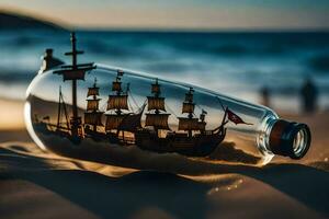 ship in a bottle on the beach. AI-Generated photo