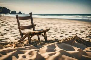a chair on the beach with sand and water. AI-Generated photo