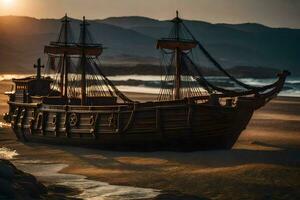 a wooden ship on the beach at sunset. AI-Generated photo