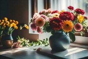 a vase of flowers sitting on a windowsill. AI-Generated photo