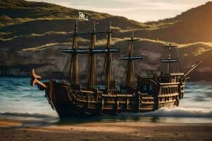 a pirate ship on the beach at sunset. AI-Generated photo