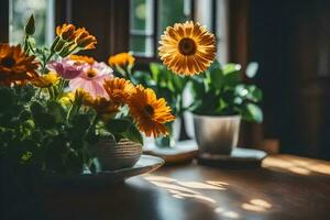 flowers in a vase on a table. AI-Generated photo