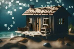 un miniatura casa en el playa con luces. generado por ai foto