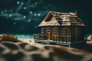 a miniature wooden house on the beach at night. AI-Generated photo