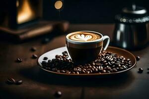 coffee beans on a wooden table. AI-Generated photo