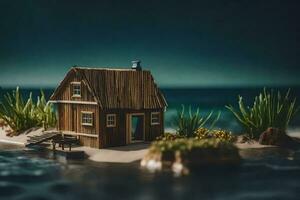 un miniatura casa en un pequeño isla por el océano. generado por ai foto