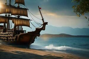 un pirata Embarcacion es navegación en el playa. generado por ai foto