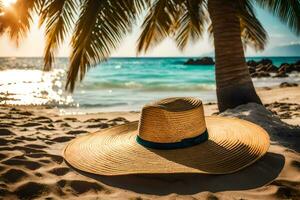 un sombrero se sienta en el arena cerca un palma árbol. generado por ai foto