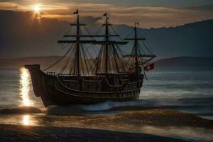 a wooden ship in the ocean at sunset. AI-Generated photo