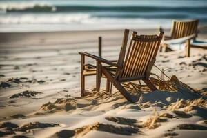 dos sillas sentar en el playa cerca el océano. generado por ai foto