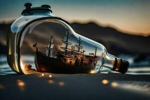 ship in a bottle on the beach. AI-Generated photo