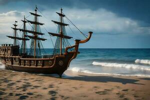 a pirate ship on the beach. AI-Generated photo