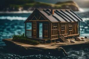 un miniatura casa flotante en el agua. generado por ai foto