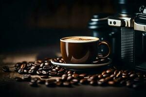 coffee and camera on a wooden table. AI-Generated photo