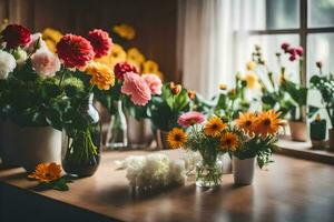 flowers in vases on a table in front of a window. AI-Generated photo