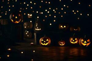 Víspera de Todos los Santos calabazas en el oscuro con luces. generado por ai foto