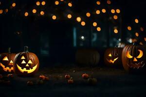 halloween pumpkins in the dark with lights. AI-Generated photo