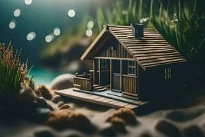 a miniature house on the beach with grass and water. AI-Generated photo