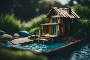 a miniature house on a dock in the water. AI-Generated photo