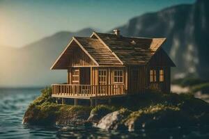 a miniature wooden house on a small island. AI-Generated photo