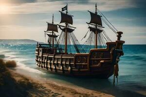 a pirate ship is docked on the beach. AI-Generated photo