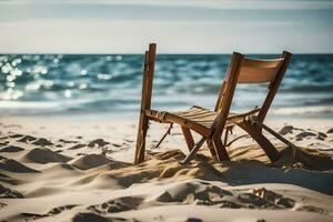 un de madera silla se sienta en el playa cerca el océano. generado por ai foto