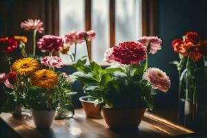 flores en ollas en un mesa en frente de un ventana. generado por ai foto