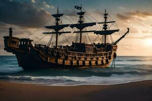 a pirate ship is on the beach at sunset. AI-Generated photo