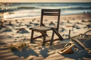 a chair sits on the sand near the ocean. AI-Generated photo