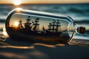 a bottle with a ship in it on the beach. AI-Generated photo
