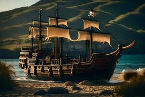 a pirate ship is on the beach near the ocean. AI-Generated photo