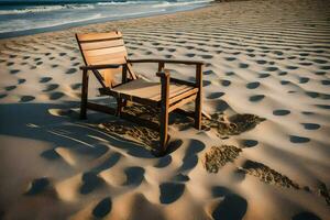 un silla se sienta en el arena a el playa. generado por ai foto