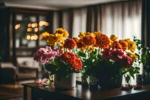 flowers in vases on a table in a living room. AI-Generated photo