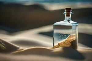 message in a bottle, sand, beach, sand, beach, sand, beach, sand,. AI-Generated photo