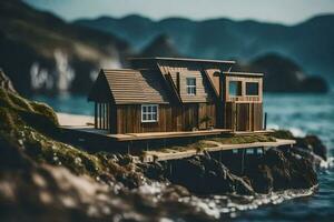 un miniatura casa en un pequeño isla por el océano. generado por ai foto