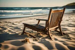 un de madera silla se sienta en el playa cerca el océano. generado por ai foto