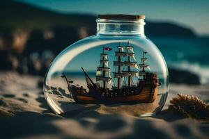 a ship in a bottle on the beach. AI-Generated photo