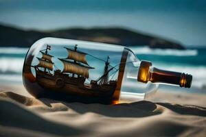 a ship in a bottle on the beach. AI-Generated photo