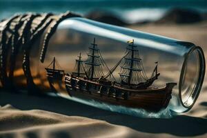 a ship in a bottle on the beach. AI-Generated photo