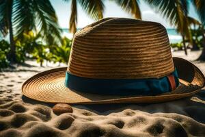 un Paja sombrero en el playa con palma arboles generado por ai foto