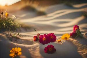 photo wallpaper sand, flowers, the sun, flowers, the desert, flowers, flowers, flowers. AI-Generated